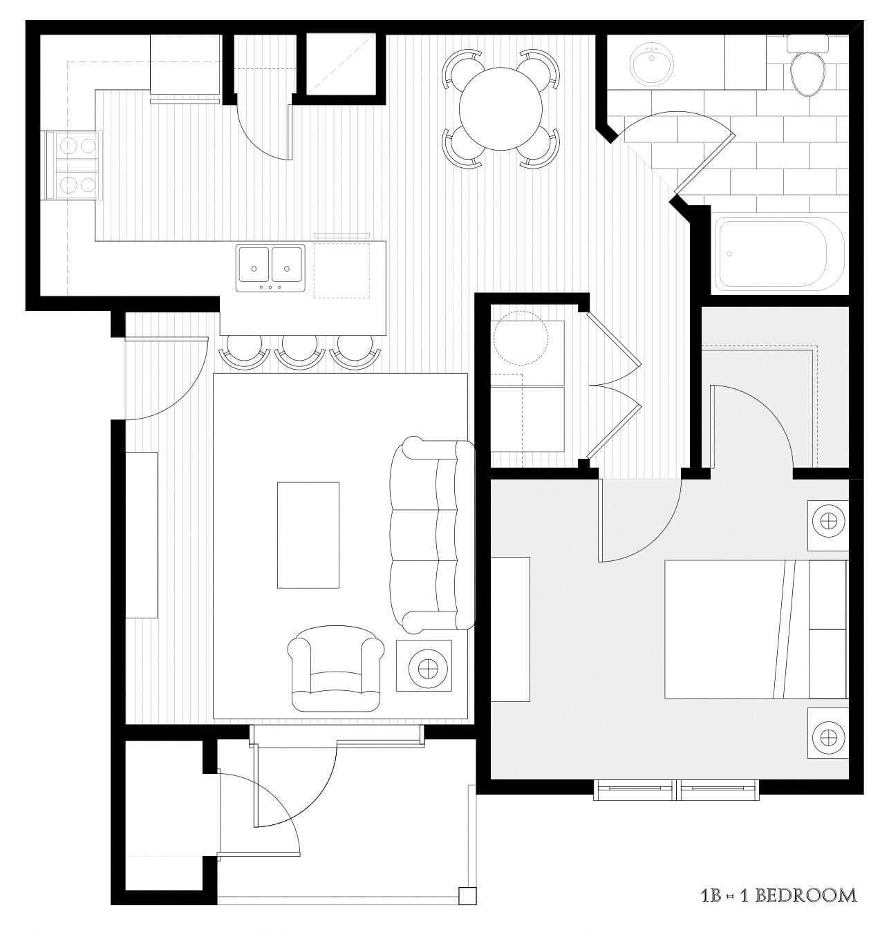 Floor plan for 1 bed, 1 bath, 770 sqft